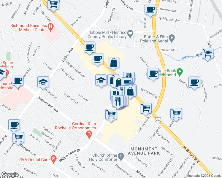 map of restaurants, bars, coffee shops, grocery stores, and more near 5206 Markel Road in Richmond
