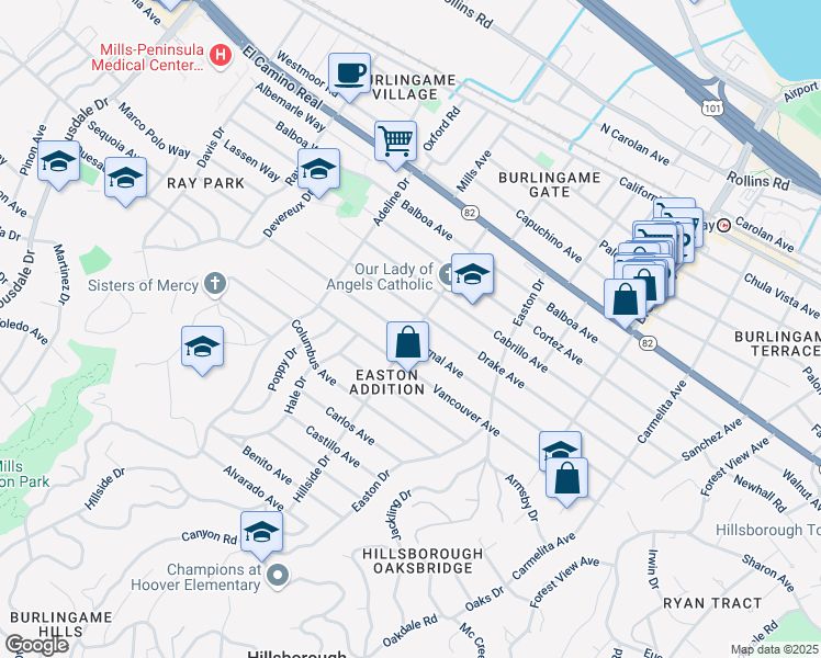 map of restaurants, bars, coffee shops, grocery stores, and more near 1372 Bernal Avenue in Burlingame