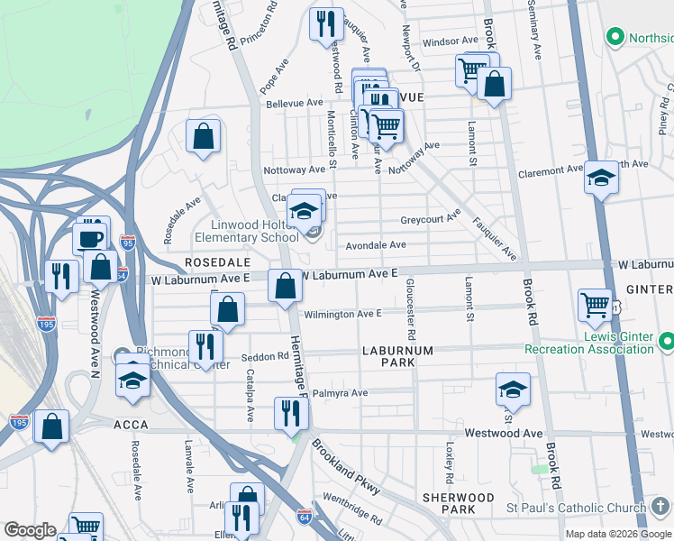 map of restaurants, bars, coffee shops, grocery stores, and more near 1605 West Laburnum Avenue in Richmond