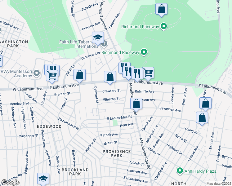 map of restaurants, bars, coffee shops, grocery stores, and more near 401 Crawford Street in Richmond