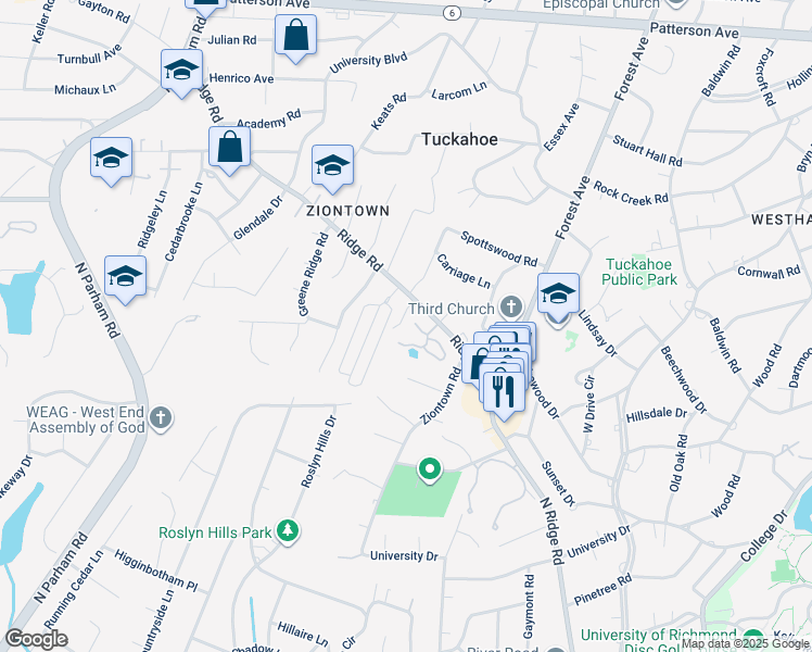 map of restaurants, bars, coffee shops, grocery stores, and more near 513 Tuckahoe Club Court in Richmond