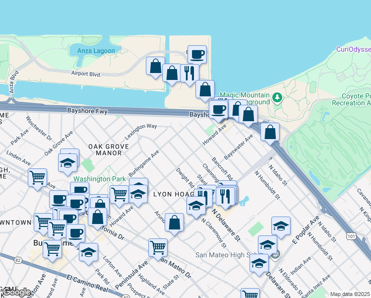 map of restaurants, bars, coffee shops, grocery stores, and more near 208 Stanley Road in Burlingame