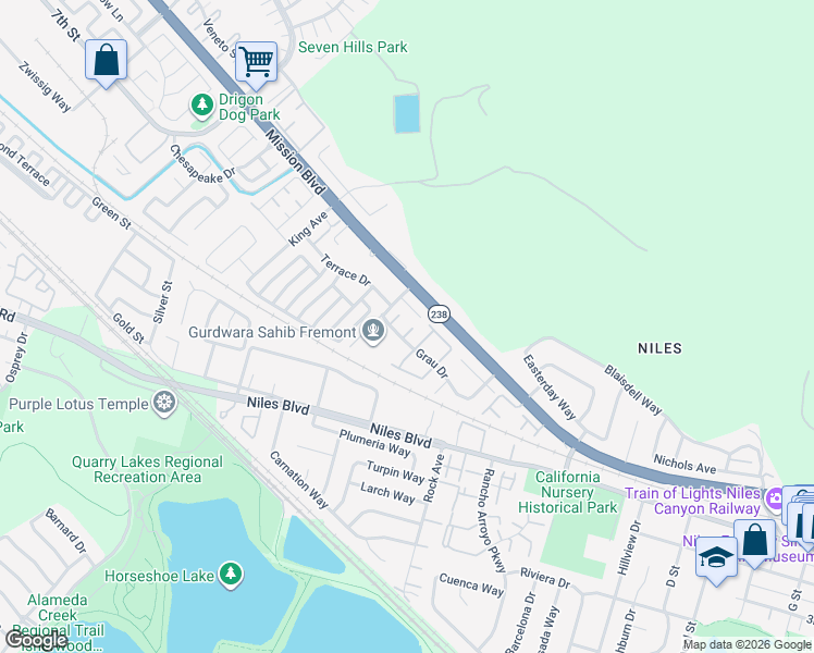 map of restaurants, bars, coffee shops, grocery stores, and more near 143 Kerry Common in Fremont