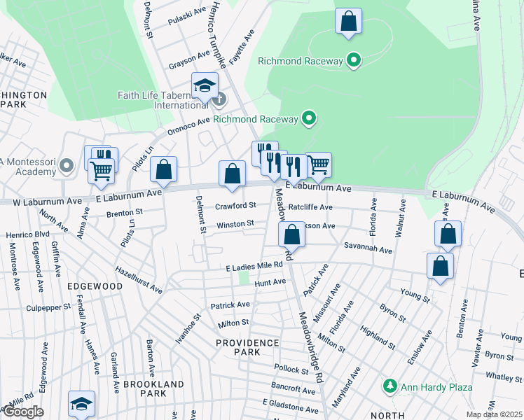 map of restaurants, bars, coffee shops, grocery stores, and more near 423 Crawford Street in Richmond