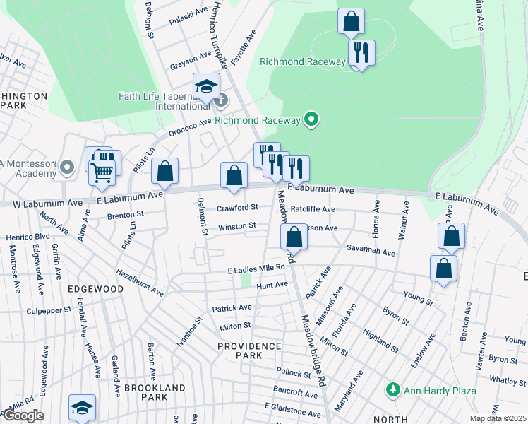 map of restaurants, bars, coffee shops, grocery stores, and more near 423 Crawford Street in Richmond