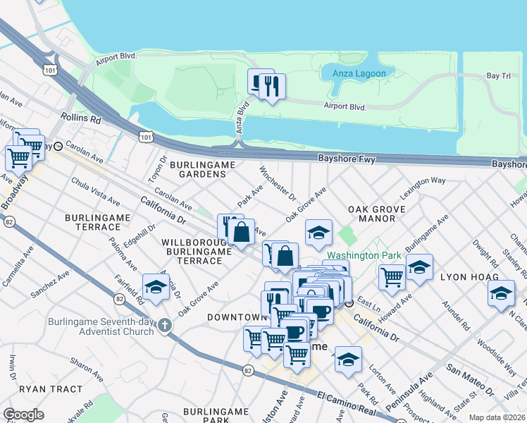 map of restaurants, bars, coffee shops, grocery stores, and more near 725 Laurel Avenue in Burlingame