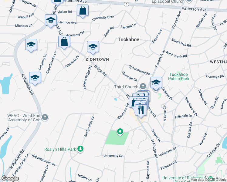 map of restaurants, bars, coffee shops, grocery stores, and more near 513 Tuckahoe Club Court in Richmond