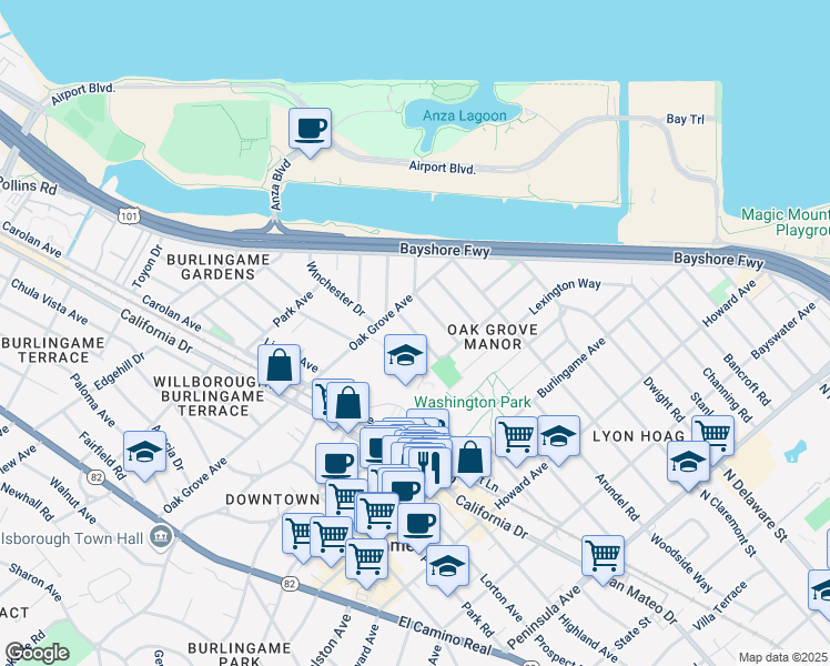 map of restaurants, bars, coffee shops, grocery stores, and more near 453 Chatham Road in Burlingame
