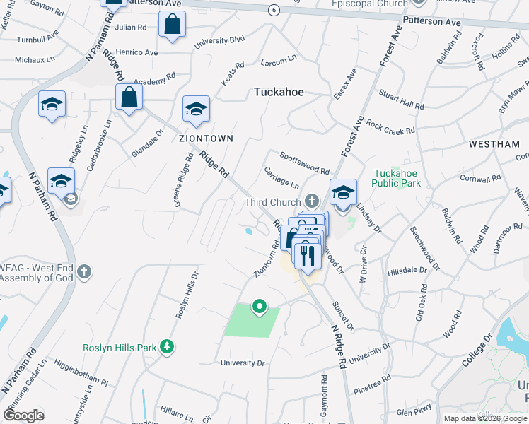map of restaurants, bars, coffee shops, grocery stores, and more near 8106 Greystone East Circle in Henrico