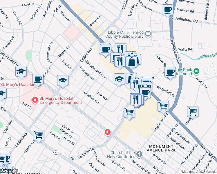 map of restaurants, bars, coffee shops, grocery stores, and more near 5310 Fitzhugh Avenue in Richmond
