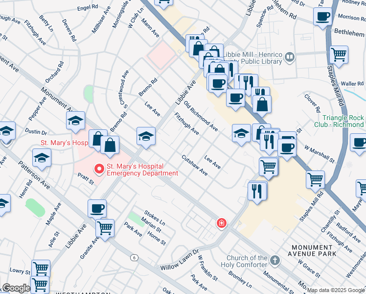 map of restaurants, bars, coffee shops, grocery stores, and more near 1205 Lake Avenue in Richmond