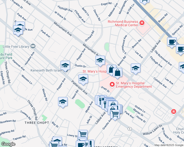 map of restaurants, bars, coffee shops, grocery stores, and more near 2330 Hampstead Avenue in Richmond