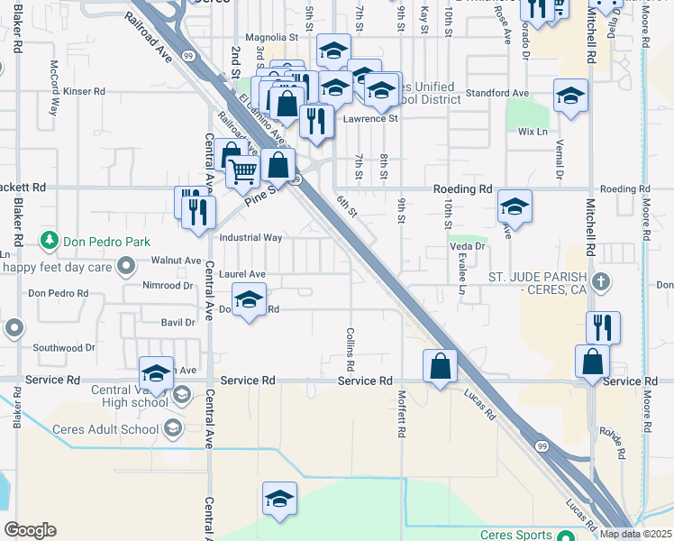 map of restaurants, bars, coffee shops, grocery stores, and more near 2435 Laurel Avenue in Ceres
