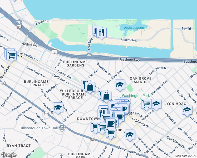 map of restaurants, bars, coffee shops, grocery stores, and more near 724 Linden Avenue in Burlingame