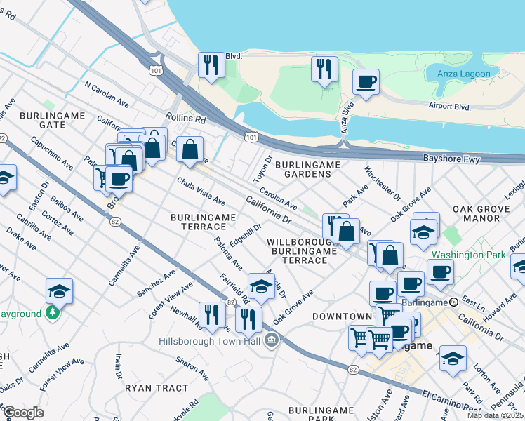 map of restaurants, bars, coffee shops, grocery stores, and more near 1100 Edgehill Drive in Burlingame