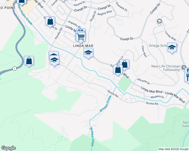 map of restaurants, bars, coffee shops, grocery stores, and more near 1127 Galvez Drive in Pacifica