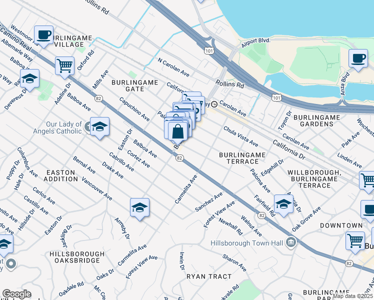 map of restaurants, bars, coffee shops, grocery stores, and more near 1137 Capuchino Avenue in Burlingame