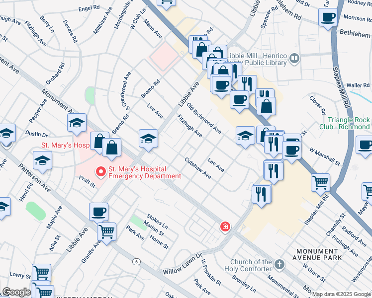 map of restaurants, bars, coffee shops, grocery stores, and more near 1205 Lake Avenue in Richmond