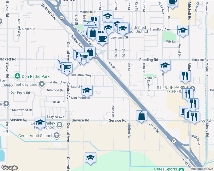 map of restaurants, bars, coffee shops, grocery stores, and more near 2435 Laurel Avenue in Ceres