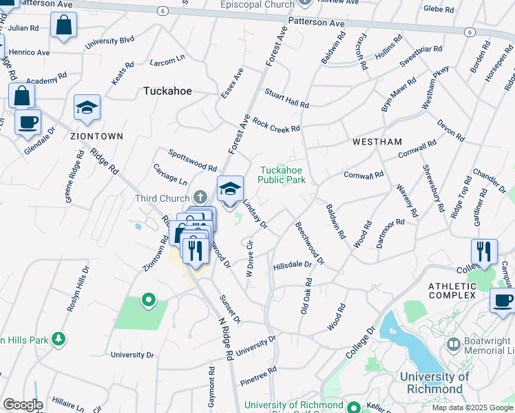 map of restaurants, bars, coffee shops, grocery stores, and more near 805 Lindsay Court in Richmond