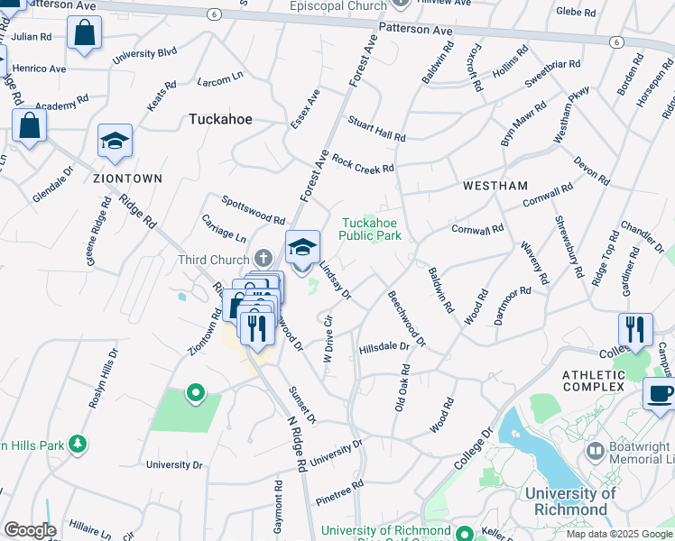 map of restaurants, bars, coffee shops, grocery stores, and more near 805 Lindsay Court in Richmond