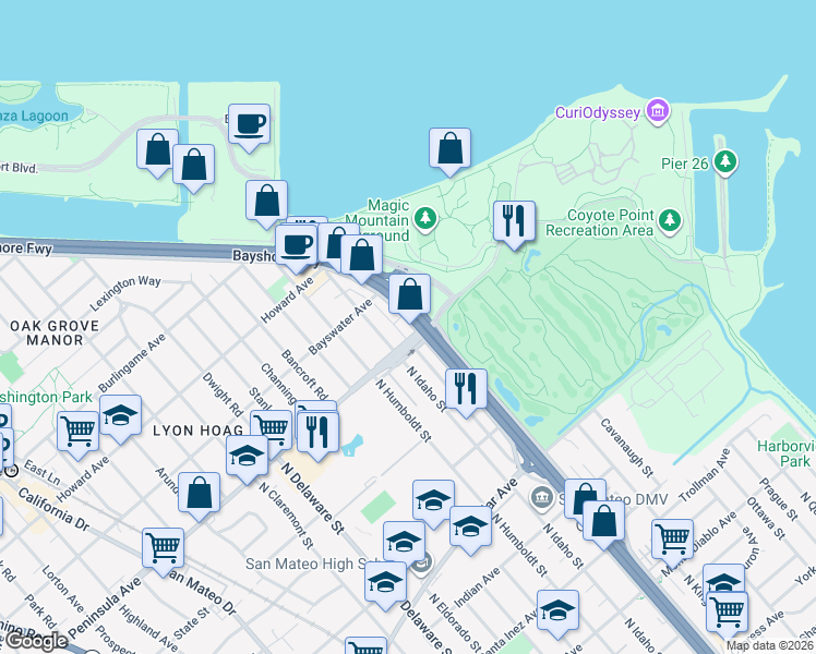 map of restaurants, bars, coffee shops, grocery stores, and more near 1111 Peninsula Avenue in San Mateo