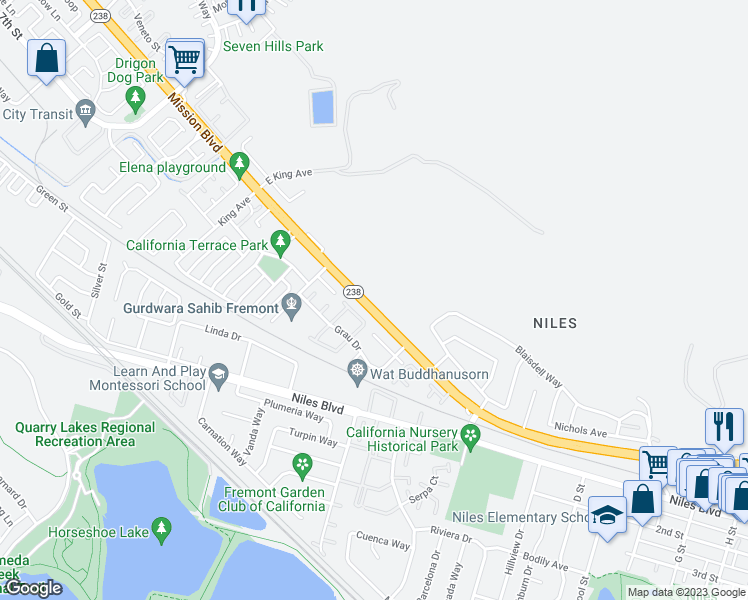 map of restaurants, bars, coffee shops, grocery stores, and more near 35896 Mission Boulevard in Fremont