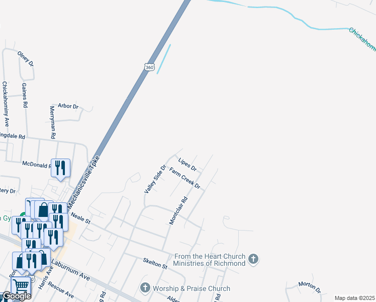 map of restaurants, bars, coffee shops, grocery stores, and more near 2810 Lipes Drive in Richmond