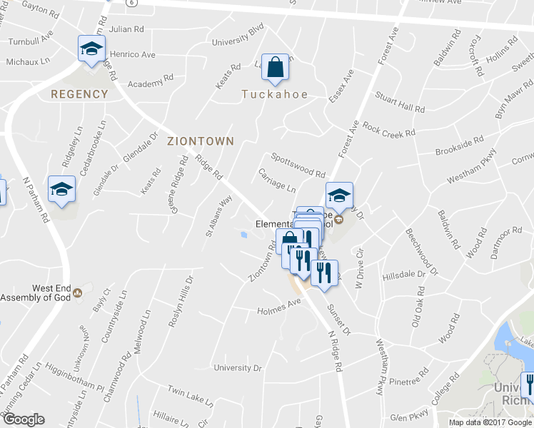 map of restaurants, bars, coffee shops, grocery stores, and more near 8110 Ridge Road in Richmond