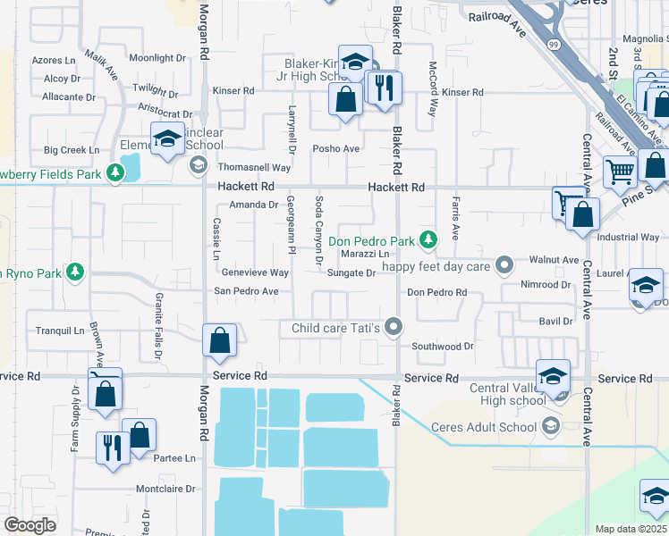 map of restaurants, bars, coffee shops, grocery stores, and more near 3701 Havenwood Way in Ceres