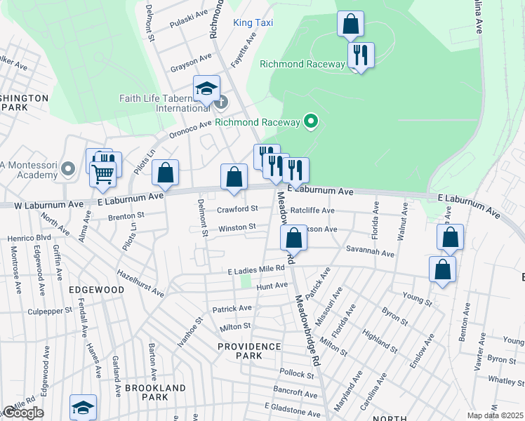 map of restaurants, bars, coffee shops, grocery stores, and more near 400 Winston Street in Richmond