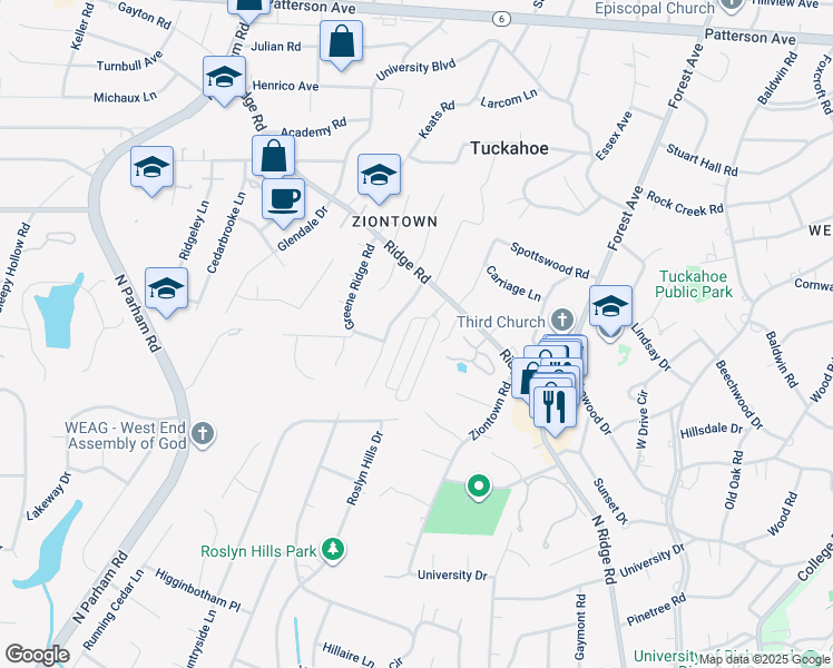 map of restaurants, bars, coffee shops, grocery stores, and more near 532 Saint Albans Way in Richmond