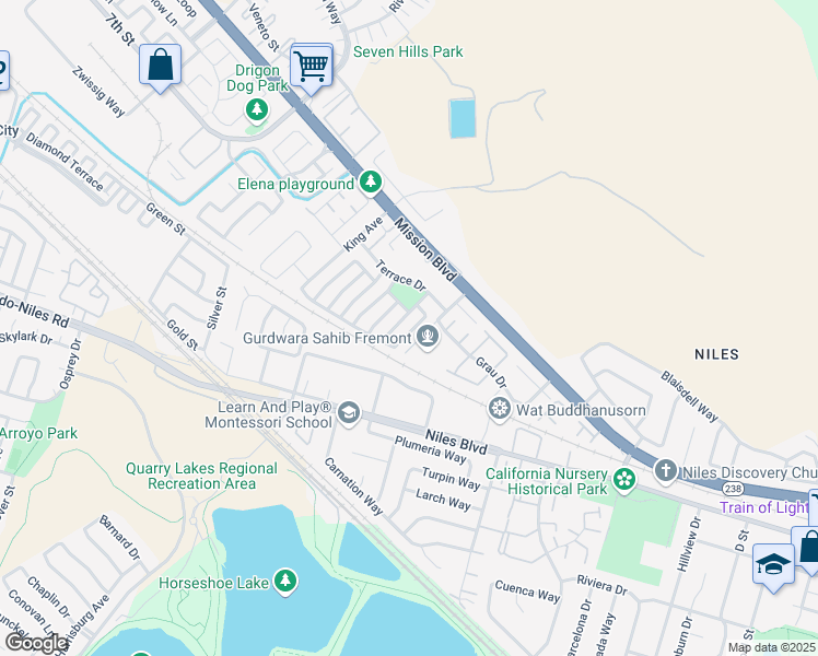 map of restaurants, bars, coffee shops, grocery stores, and more near 315 Springstone Drive in Fremont