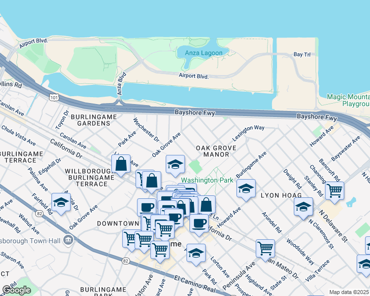map of restaurants, bars, coffee shops, grocery stores, and more near 453 Chatham Road in Burlingame