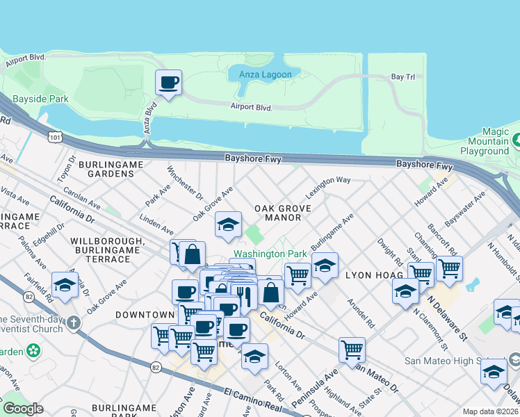 map of restaurants, bars, coffee shops, grocery stores, and more near 741 Plymouth Way in Burlingame