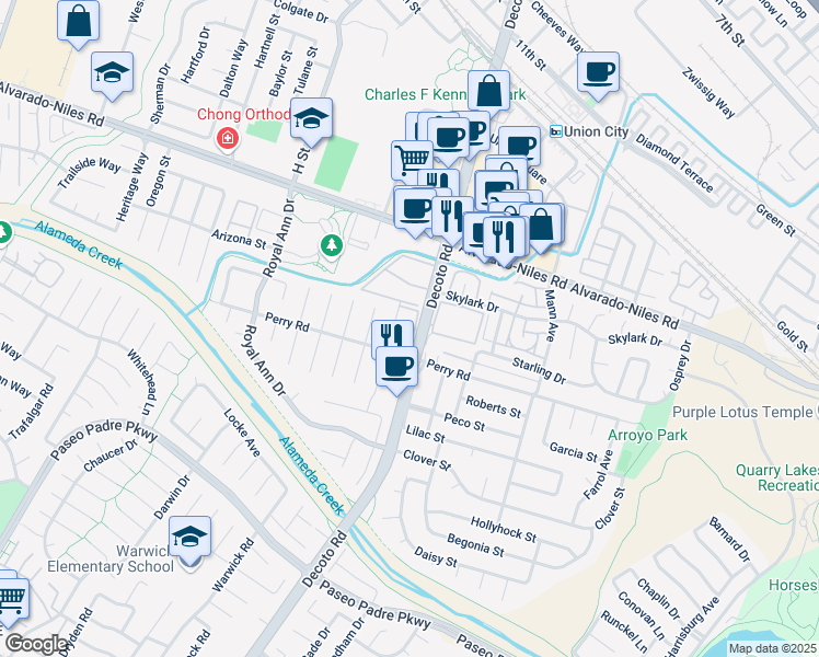 map of restaurants, bars, coffee shops, grocery stores, and more near in Union City