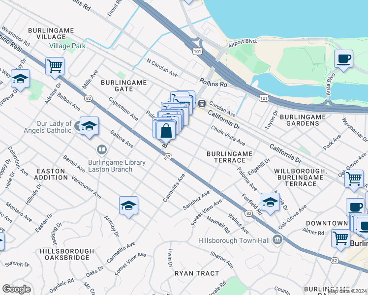 map of restaurants, bars, coffee shops, grocery stores, and more near 1109 Capuchino Avenue in Burlingame