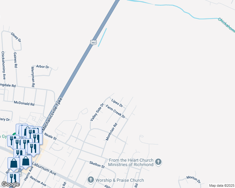map of restaurants, bars, coffee shops, grocery stores, and more near 2810 Lipes Drive in Richmond