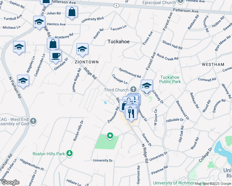 map of restaurants, bars, coffee shops, grocery stores, and more near 8110 Ridge Road in Richmond