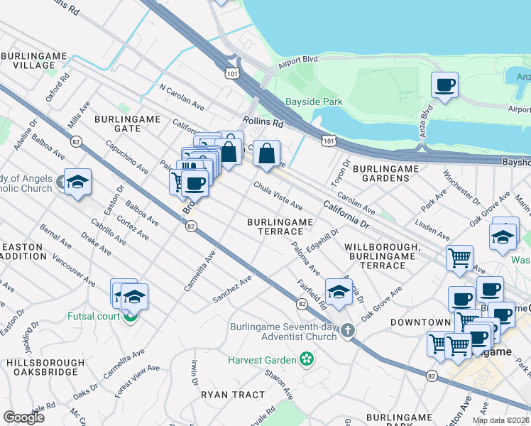 map of restaurants, bars, coffee shops, grocery stores, and more near 1316 Sanchez Avenue in Burlingame