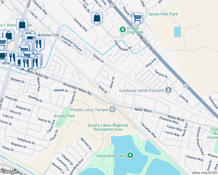 map of restaurants, bars, coffee shops, grocery stores, and more near 1157 Silver Street in Union City