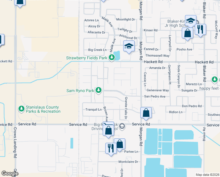 map of restaurants, bars, coffee shops, grocery stores, and more near 1070 San Pedro Avenue in Ceres
