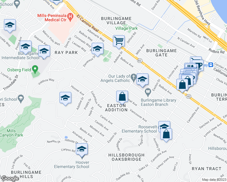 map of restaurants, bars, coffee shops, grocery stores, and more near 1429 Bernal Avenue in Burlingame
