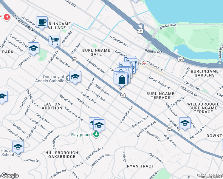 map of restaurants, bars, coffee shops, grocery stores, and more near 1227 El Camino Real in Burlingame