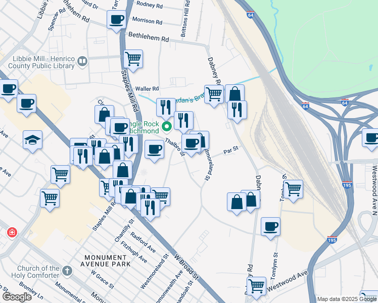 map of restaurants, bars, coffee shops, grocery stores, and more near 2101 Maywill Street in Richmond