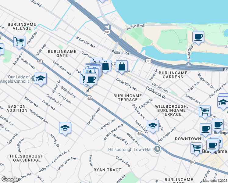 map of restaurants, bars, coffee shops, grocery stores, and more near 1034 Paloma Avenue in Burlingame