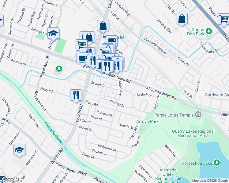 map of restaurants, bars, coffee shops, grocery stores, and more near 34741 Skylark Drive in Union City