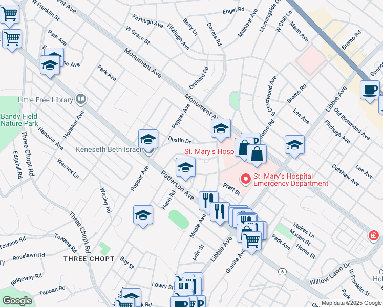map of restaurants, bars, coffee shops, grocery stores, and more near 6114 Hampstead Avenue in Richmond