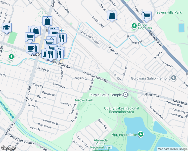 map of restaurants, bars, coffee shops, grocery stores, and more near 35075 Alvarado-Niles Road in Union City
