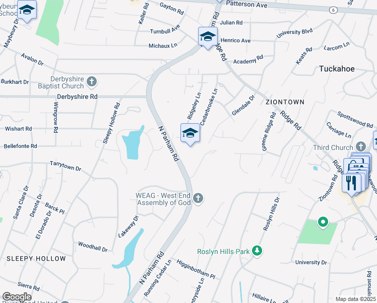 map of restaurants, bars, coffee shops, grocery stores, and more near 499 North Parham Road in Richmond